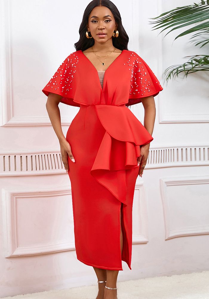 Robe de Soirée Chic Formelle à Volants et Fente V-Cou Sexy d'Été