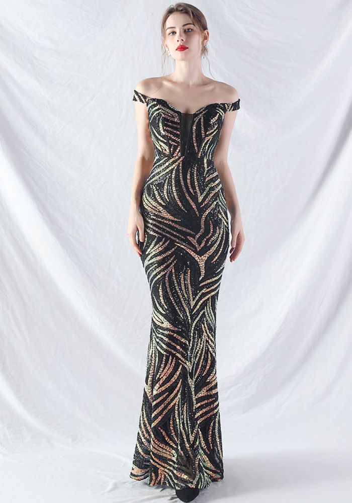 Robe de Soirée Femme Sans Épaules en Sequins