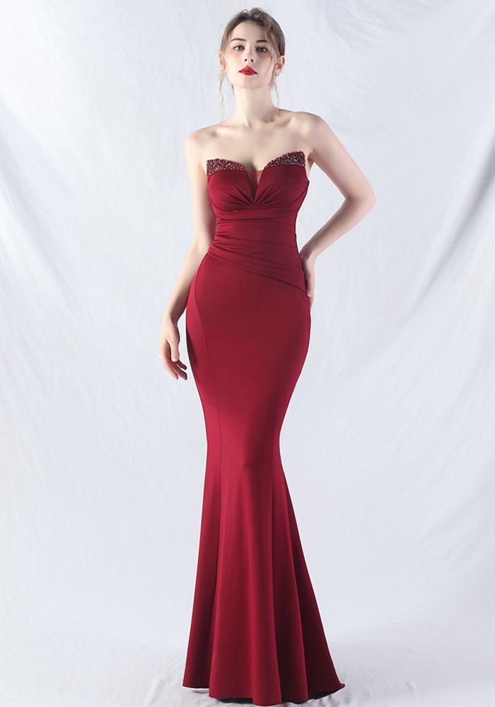 Robe de Soirée en Satin avec Perles pour Femmes
