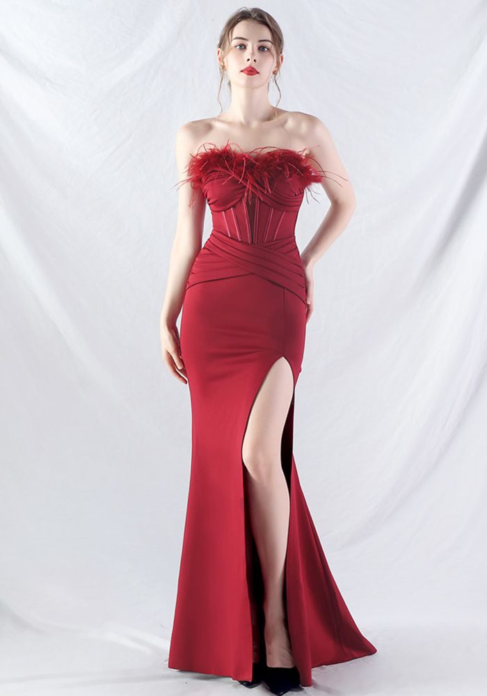Robe de Soirée Sans Bretelles Herringbone Slim Taille Couleur Unie Fendue