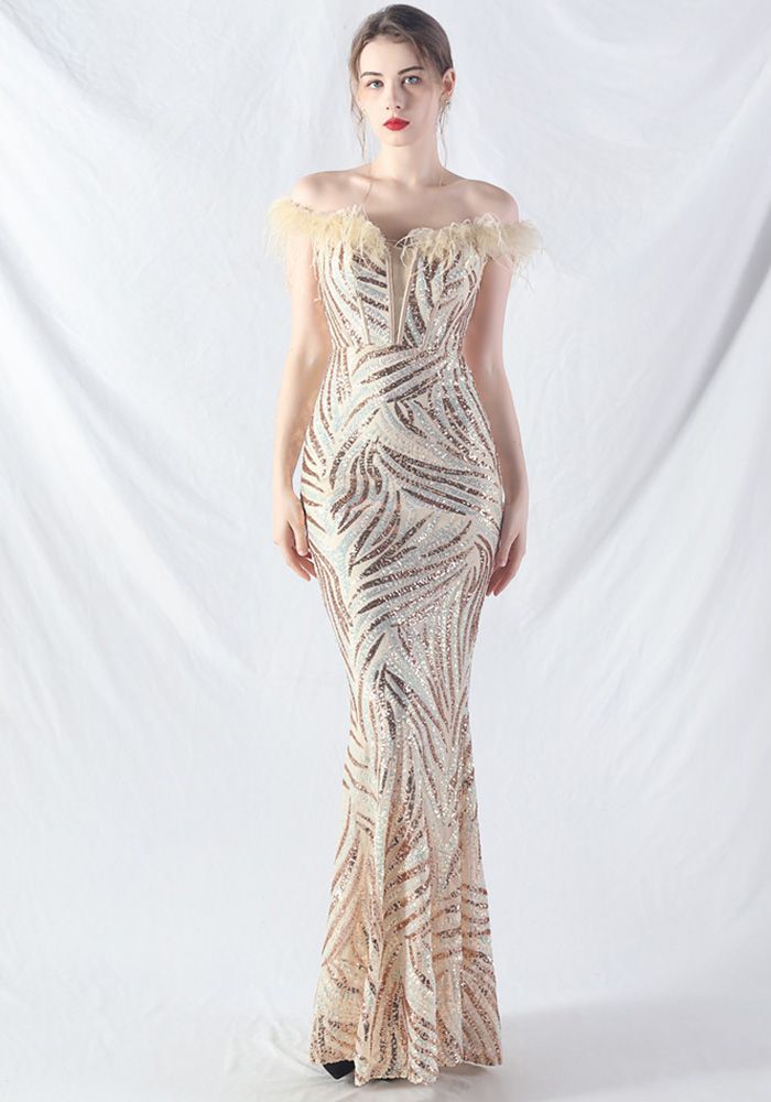 Robe de Soirée Off Shoulder à Plumes et Sequins Fishbone Slim Waist