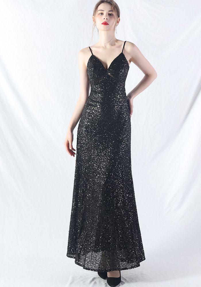 Robe de Soirée Élegante à Bretelles V Découpées Pailletées