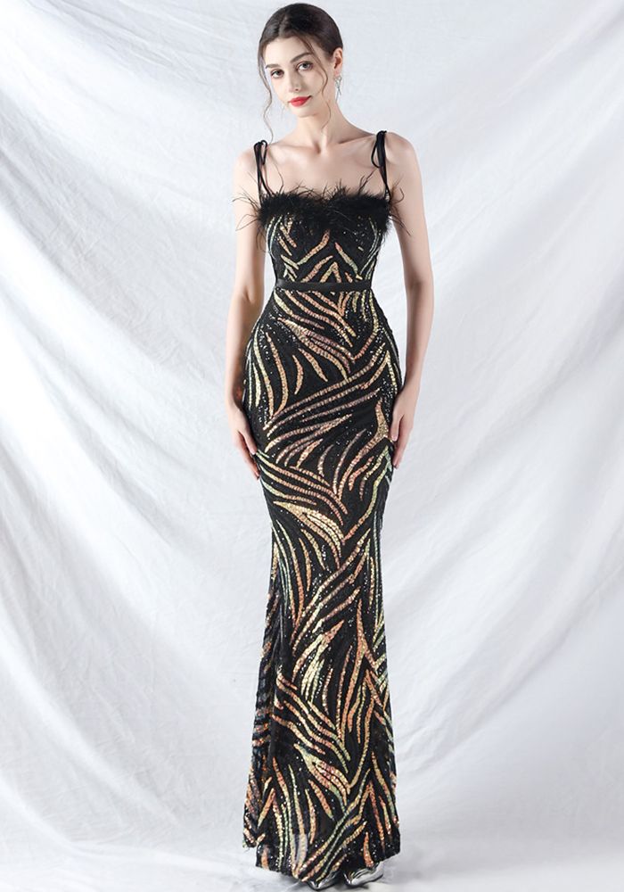Robe de Soirée Élégante Sans Bretelles à Lacets en Plumes et Paillettes