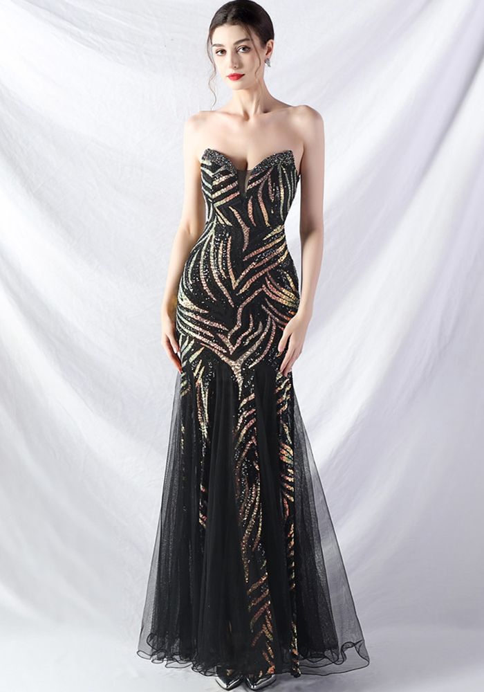 Robe de Soirée Sirène Sans Bretelles en Paillettes et Maille