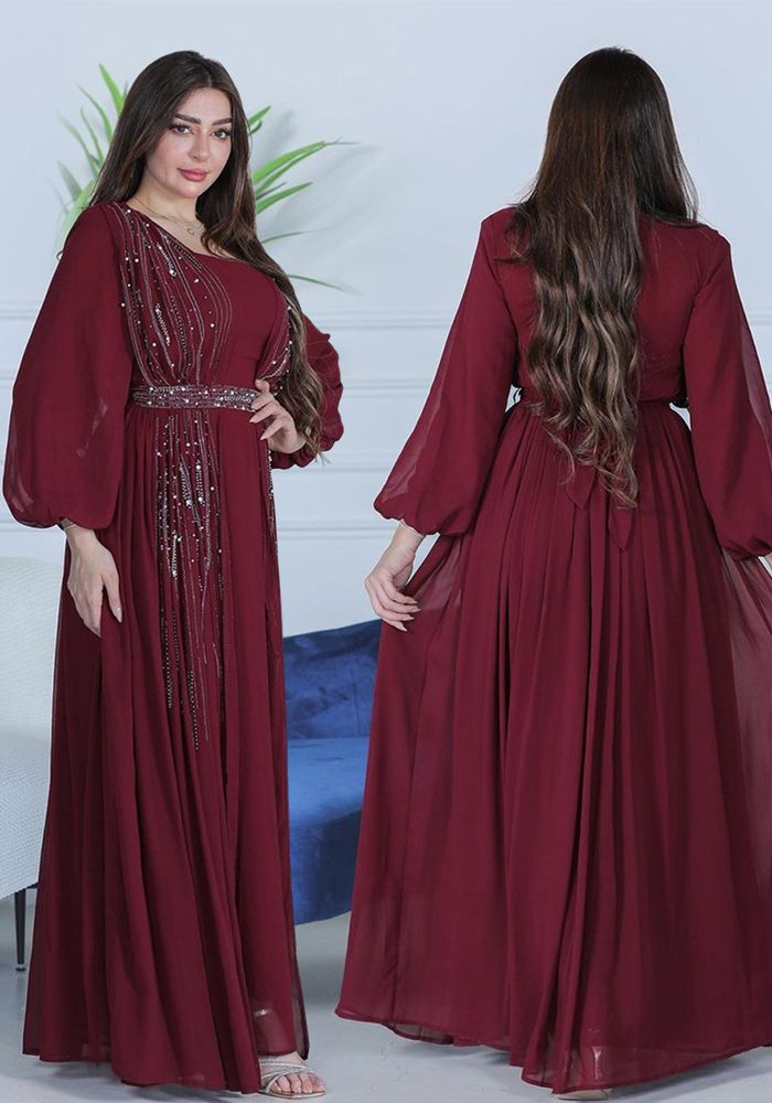 Muslim Women Elegant Beaded Belt Evening Dress with Robe Dubai Abaya